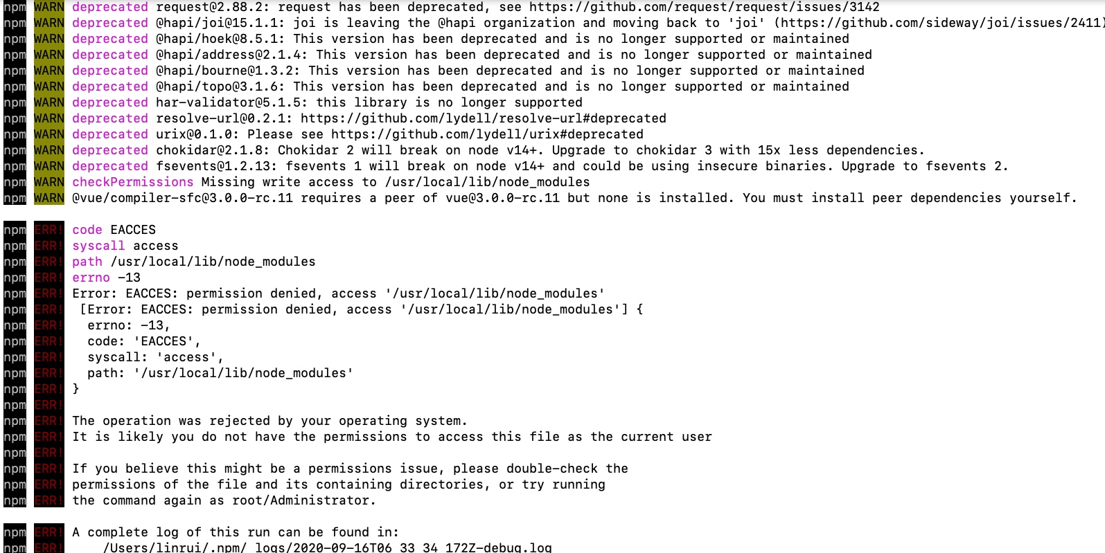 mac安装npm install -g @vue/cli报错解决